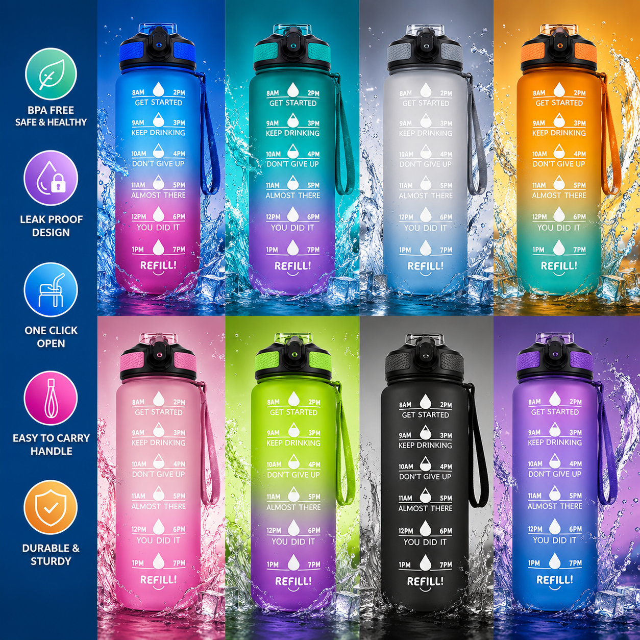 Urban Crave 1000ml Motivational Water Bottle | Leak Proof | Time Marker