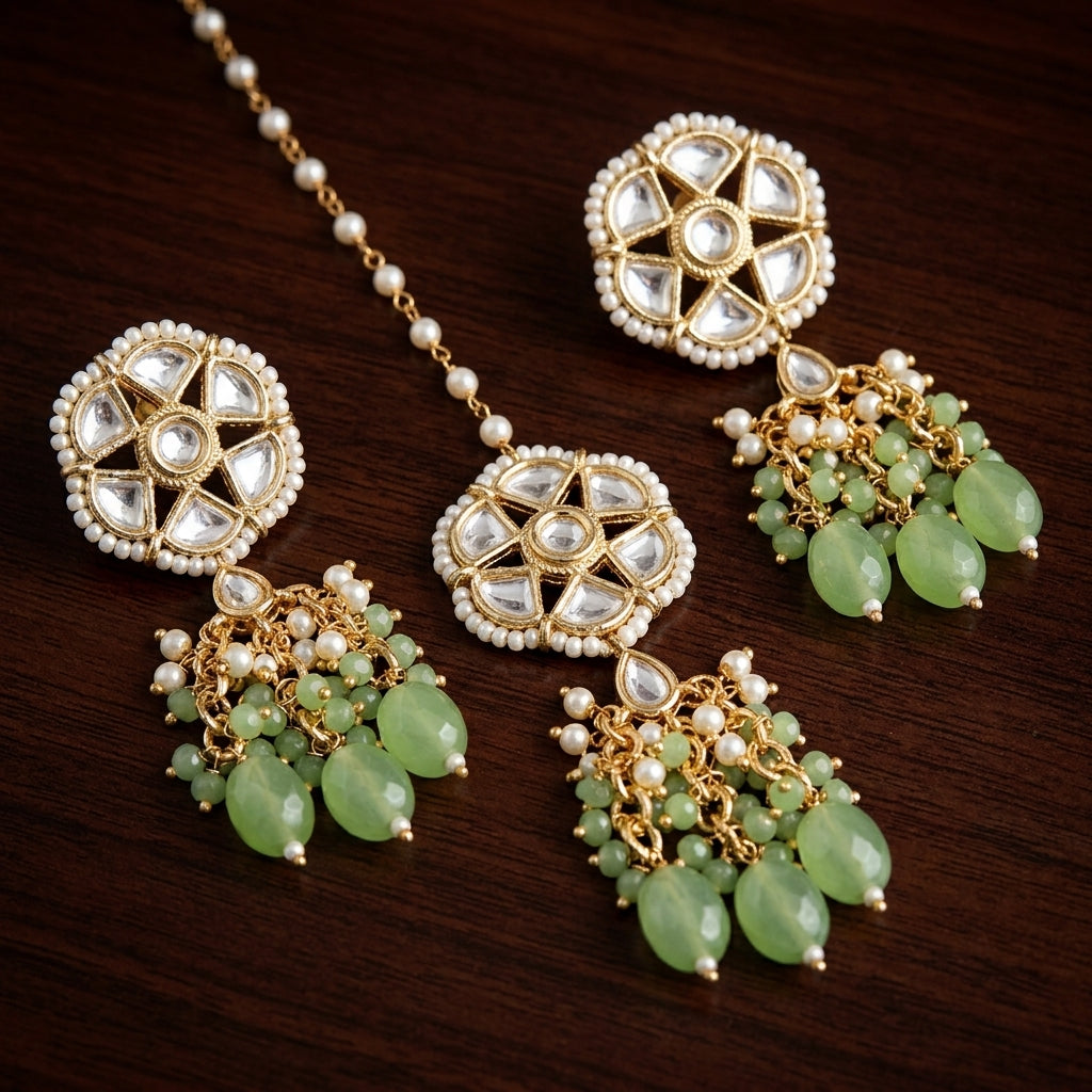 Mint Blossom Kundan & Pearl Jewelry Set