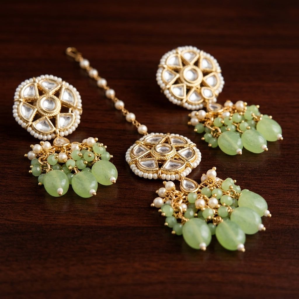 Mint Blossom Kundan & Pearl Jewelry Set