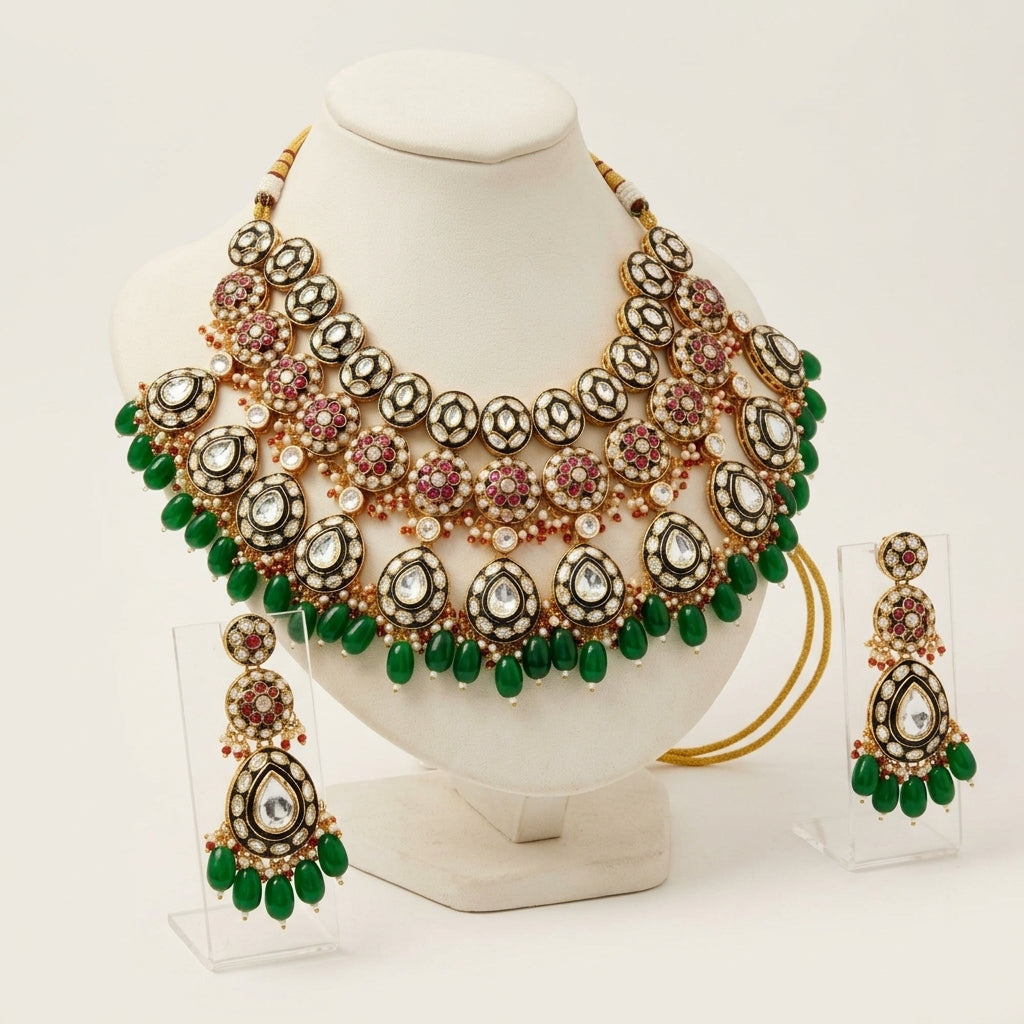 Royal Emerald Polki Bridal Necklace Set