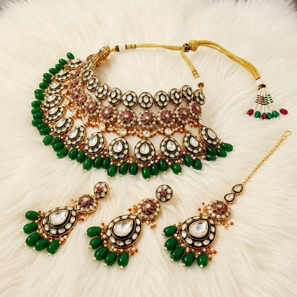 Royal Emerald Polki Bridal Necklace Set