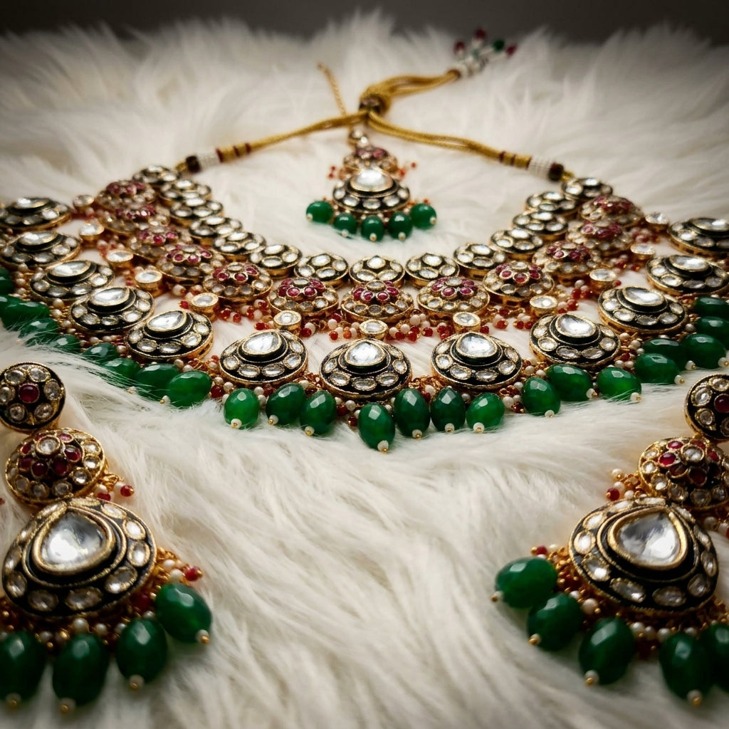 Royal Emerald Polki Bridal Necklace Set