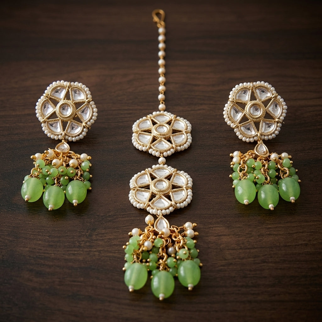 Mint Blossom Kundan & Pearl Jewelry Set