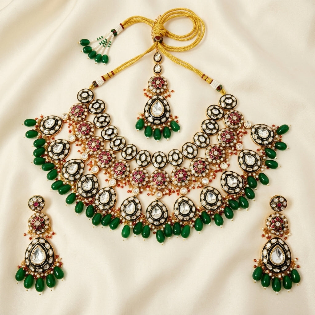 Royal Emerald Polki Bridal Necklace Set
