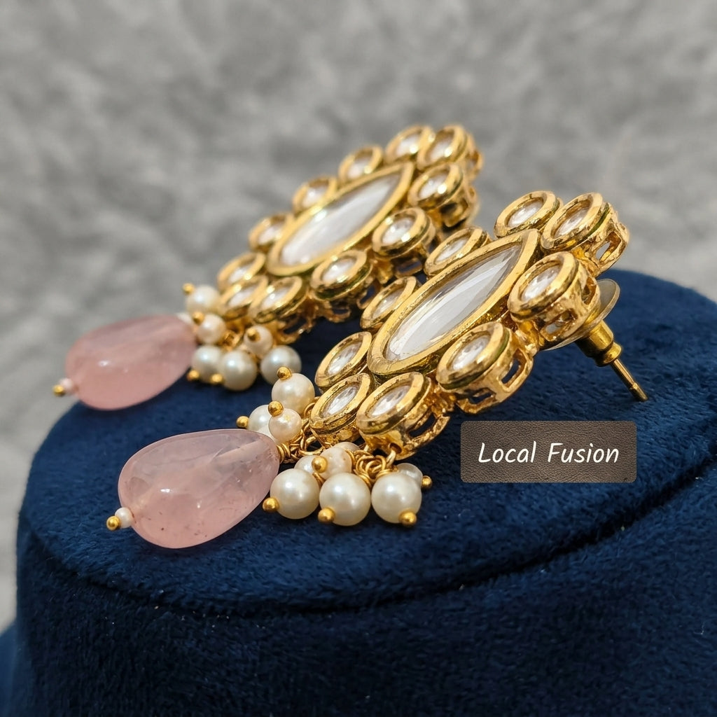 Royal Pink Kundan Pearl Drop Earrings