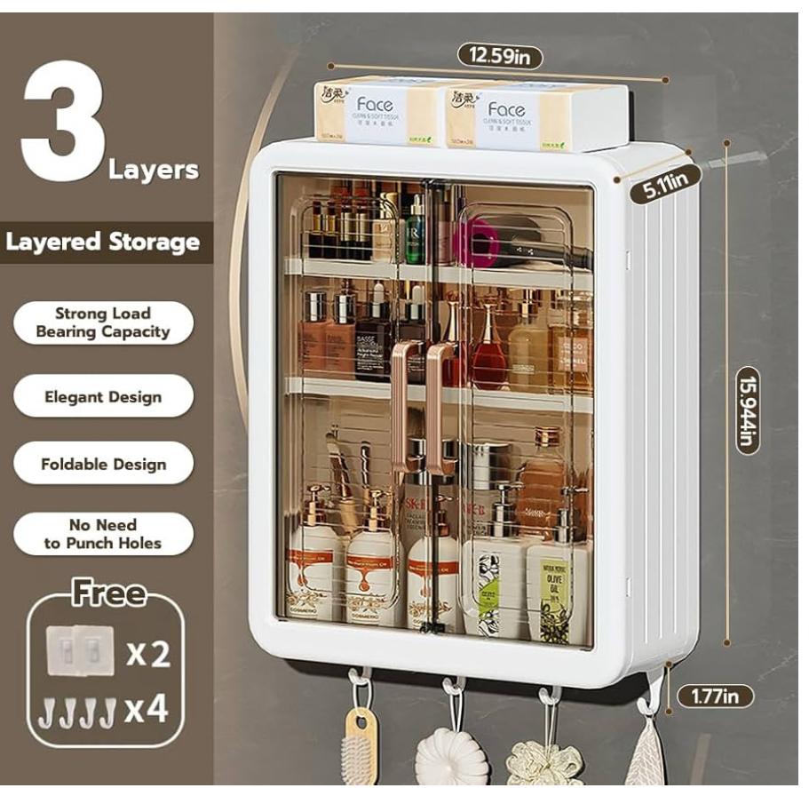 Bathroom Cabinet with 2 Doors – Wall Mounted Storage Cabinet for Bathroom Essentials, Skincare & Makeup | Bathroom Shelf & Organizer Cabinet for Home, 3 Layer